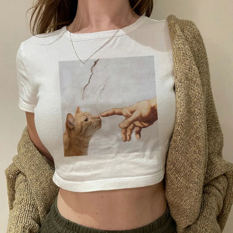 Women 2000s Sweet Funny Cat T Shirt Crop Top Women Shirt Cropped Ulzzang T-shirt 90s Tshirt Top Tee Female Gothic Shirt