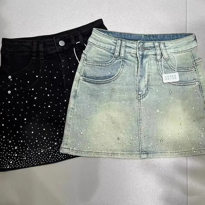 Saia jeans com strass estrelada e quente para mulheres 2024 verão nova saia jeans retrô slim a-line bainha