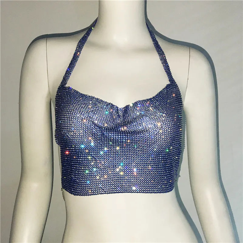 AKYZO-Sparkly Diamond Tank Top para mulheres, alças finas de strass de cristal, costas nuas sexy, top curto de clube, festa rave de festival