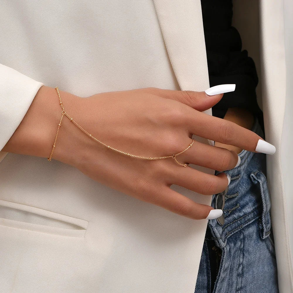 Dainty Hand Chain Bracelet Ring Gold Plated Handmade Link Chains Connecting Harness Bracelets Hand Jewelry for Women Trendy Gift