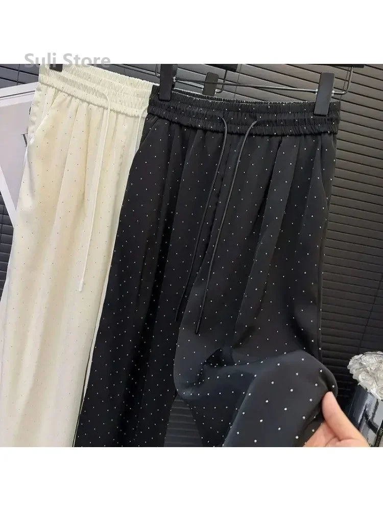 2024 Novas Calças Femininas Primavera Verão Alta Qualidade Beading Soltas Calças Retas Pantalones Mujer Moda Coreana Streetwear