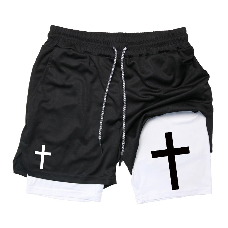 Cross Graphic 2 in 1 Workout Running Shorts for Men Christian Gym Performance Shorts with Phone Pocket Towel Loop Active Wear