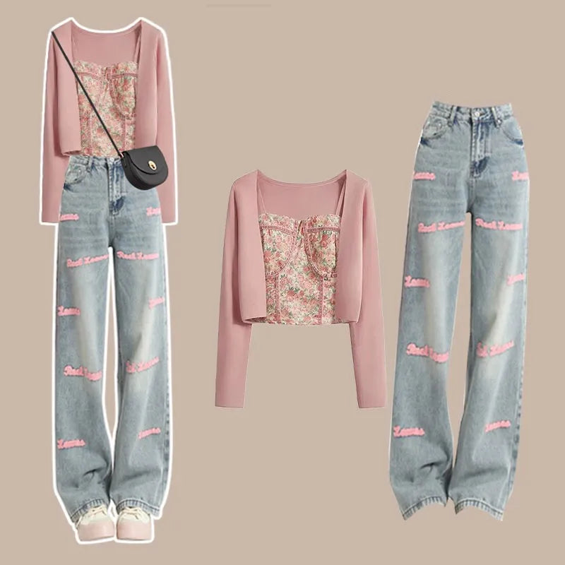 Women's 2024 Autumn/Winter New Vintage Knit Long Sleeve Jacket+Strap+Letter Jeans 3-Piece Set Korean Elegant Denim Pants Suit