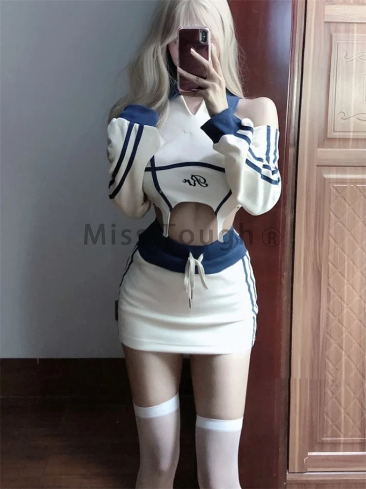 Autumn Sexy Spice Girls 2 Piece Set Women Casual Sports Design Sense Suit Women Short Off-the-shoulder Tops + High Waist  Skirt