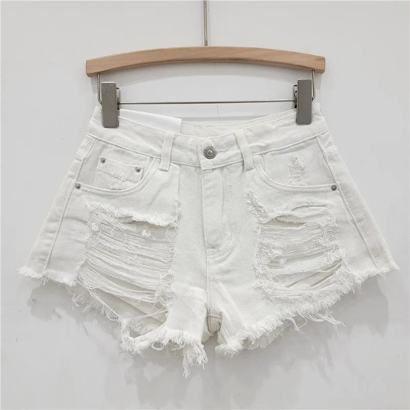 Street Style Ripped Denim Shorts Sexy All-Matching Wide Leg A- Line Frayed Ultra Short Hot Pants Jean Shorts Women Clothing