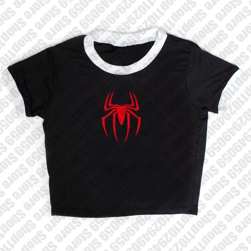 Spider Graphic Print Y2K Women Baby Tees Streetwear Vintage Letter Crop Summer Punk Casual Trash Goth Slim Short Sleeve T-Shirts