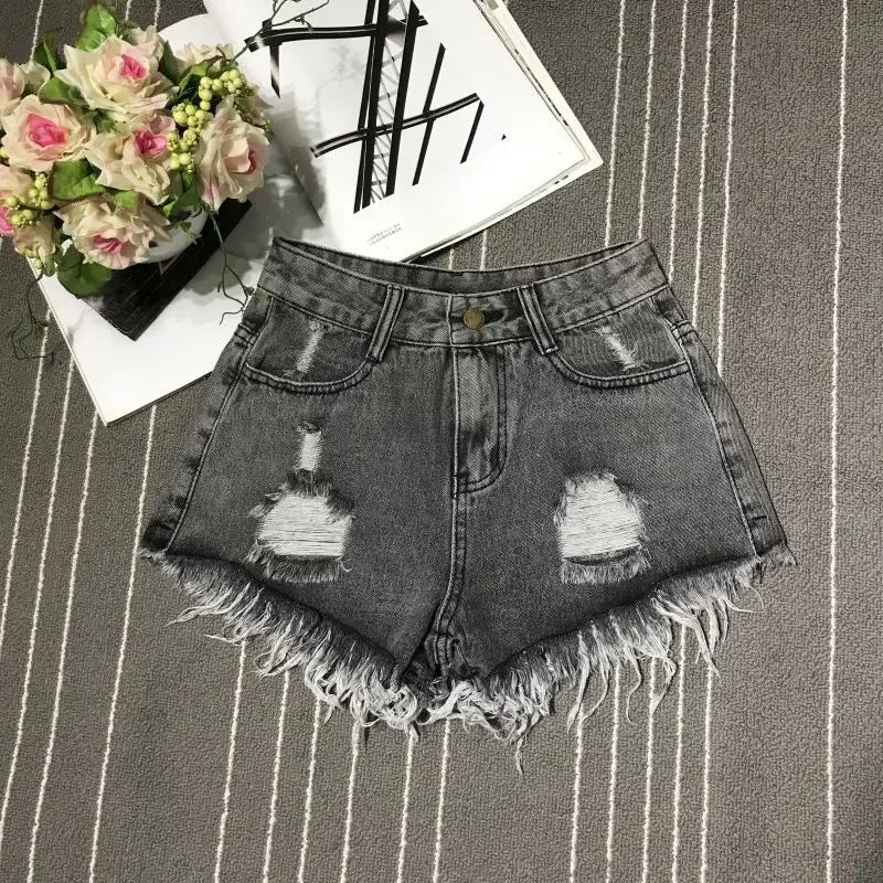 New Shorts Female Casual High-waisted Denim Shorts Female Summer Pocket Tassel Ripped Ripped Jeans Female Short Style Soft