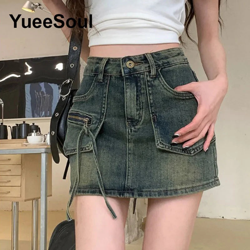 Blue Denim Skirt  A-Line High Waist Mini Skirt 2024 New Summer Y2K 2000s High Street Sexy Kawaii Cute Skirts for Women