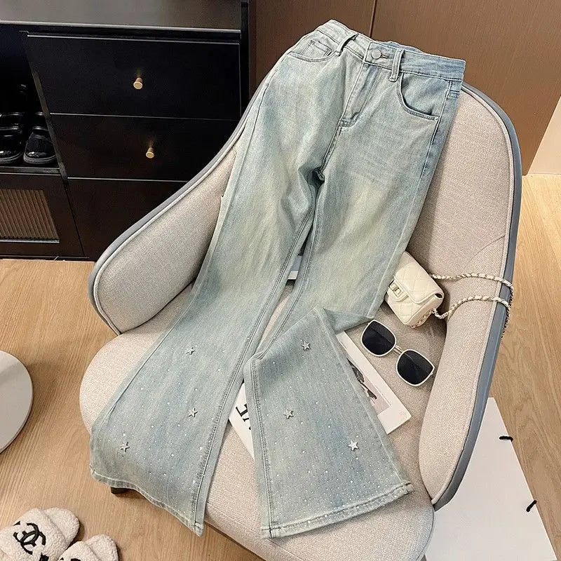 Trendy Rhinestone Flared Jeans For Women Spring New High Waist Slim Versatile Shiny Denim Pants Fashion Niche Design Pants