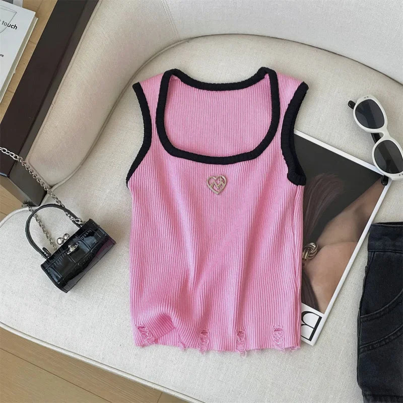 American Style Sexyknit Heart Shaped Tank Top For Women Versatile Color Blocking Summer Outer Wear Plus Size Vest/Suspender