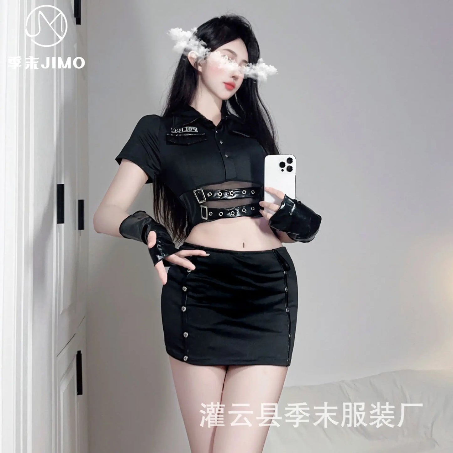 Sexy Women Leather Belt Zipper Design Erotic Nightclub Fashion Black Slim Top Uniform Sheer Role Playing Skirt Set Passion KXF6