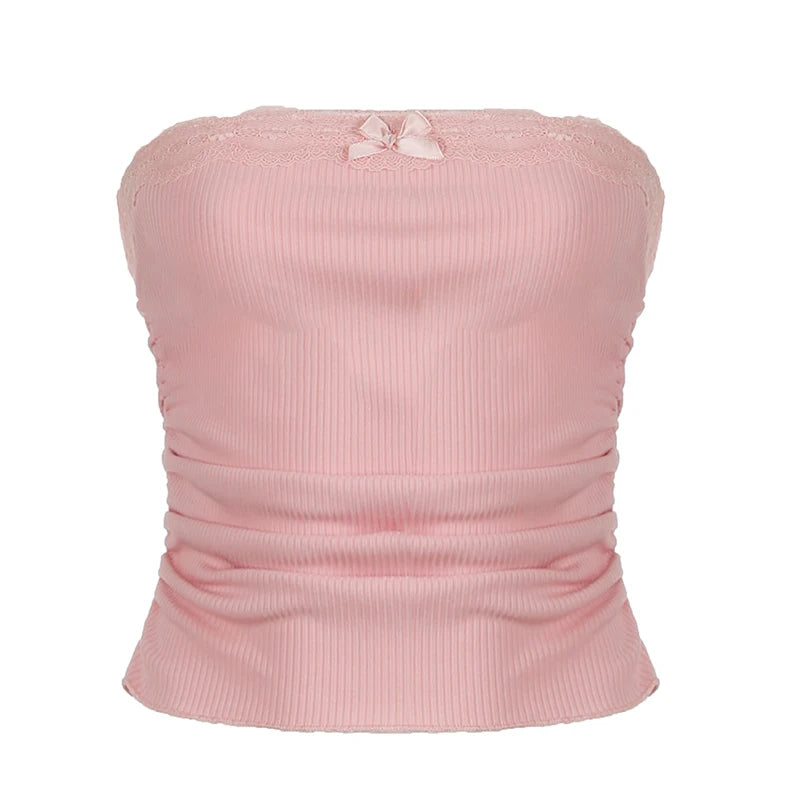 Darlingaga Rosa Renda Emendado Doce Verão Tubo Top Dobrado Laço Estilo Coreano Crop Tops Feminino Bandeau Sem Alças Coquete Roupas Y2K