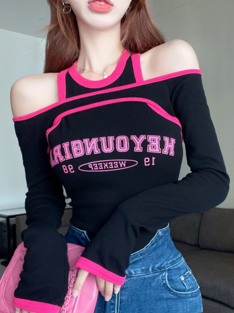 Hikigawa Fake Two Pieces Contrast Color T-shirts Halter Chic Fashion Y2k Tops Women Long Sleeve Letter Print Roupas Femininas