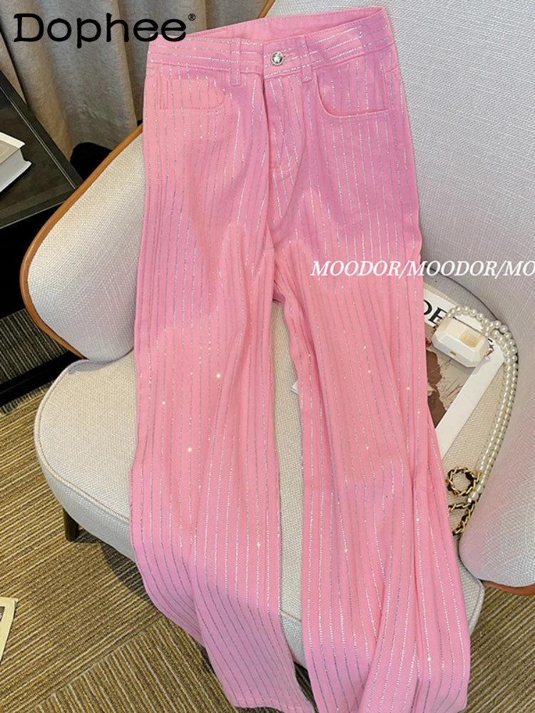 Retro Fashion Wide Leg High Waist Jeans Women Spring  Autumn Versatile Vertical Stripes Rhinestone Pink Baggy Straight Trousers