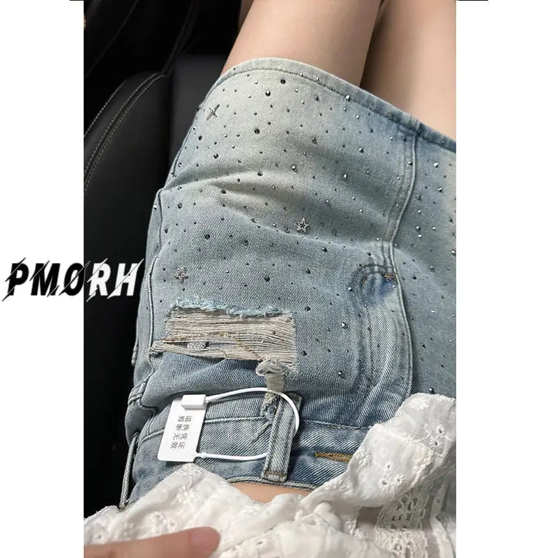 Vintage Denim Starry Skirts Women Mini Rhinestone Denim A-line Korean Style Hot Spicy Girls Summer Streetwear Stylish 4XL Chic