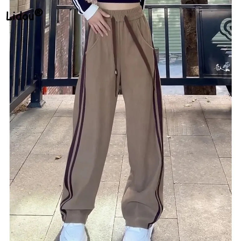 2023 Womens Summer New Solid Color Trousers Casual Drawstring High Waist Side Stripe Printing Patchwork Pockets Wide Leg Pants