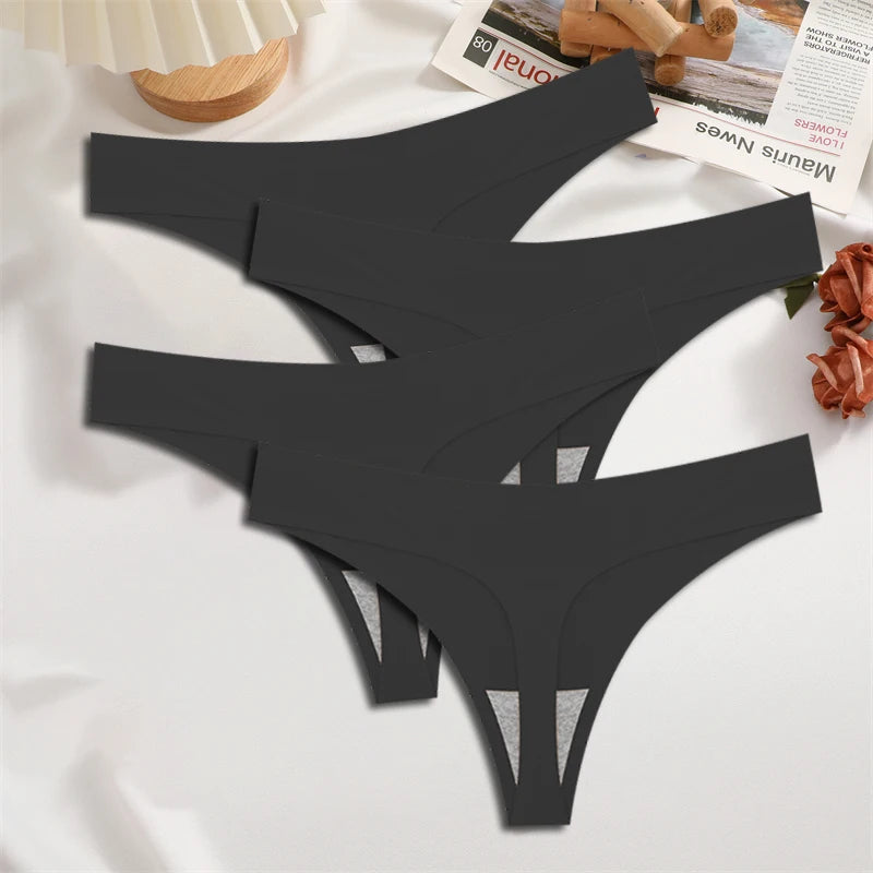 FINETOO 4PCS Silk Satin Seamless Underwear Low Waist Thongs Sexy Solid Color Bikini Underpants Female Stretch Intimates Lingerie