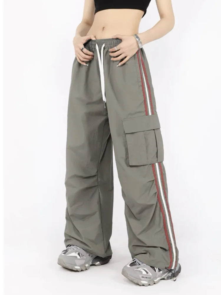 Y2K Kpop Cargo Pant Mulheres Cordão Bolsos Perna Larga Chic Punk Calças Largas Listradas Esportes Calças de Moletom Parachute Jogger Calças