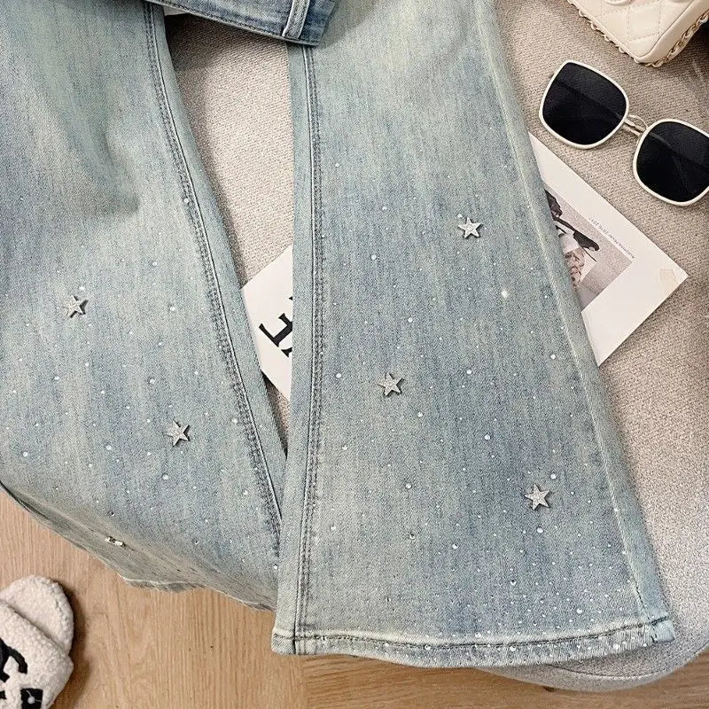 Trendy Rhinestone Flared Jeans For Women Spring New High Waist Slim Versatile Shiny Denim Pants Fashion Niche Design Pants