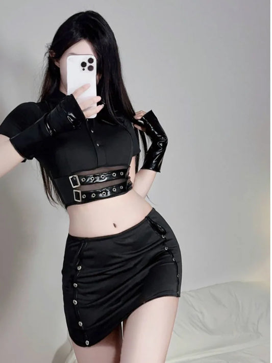 Sexy Women Leather Belt Zipper Design Erotic Nightclub Fashion Black Slim Top Uniform Sheer Role Playing Skirt Set Passion KXF6