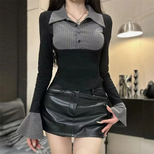 Sweet Cool Oversize Slim Fit Blouses Two Piece Patchwork Shirts Women Spring Autumn New Long Sleeve Blusas Mujer