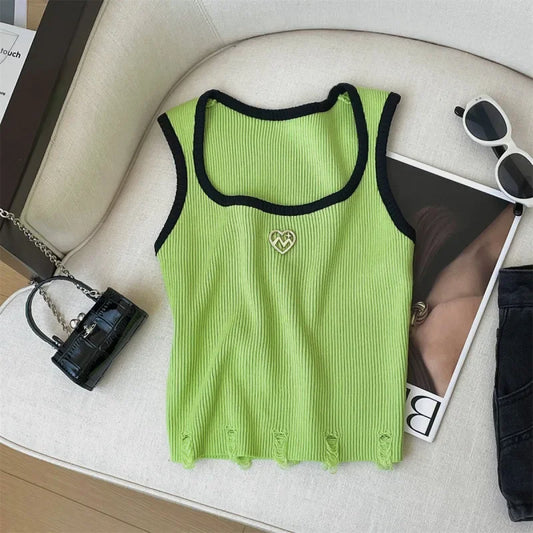 American Style Sexyknit Heart Shaped Tank Top For Women Versatile Color Blocking Summer Outer Wear Plus Size Vest/Suspender