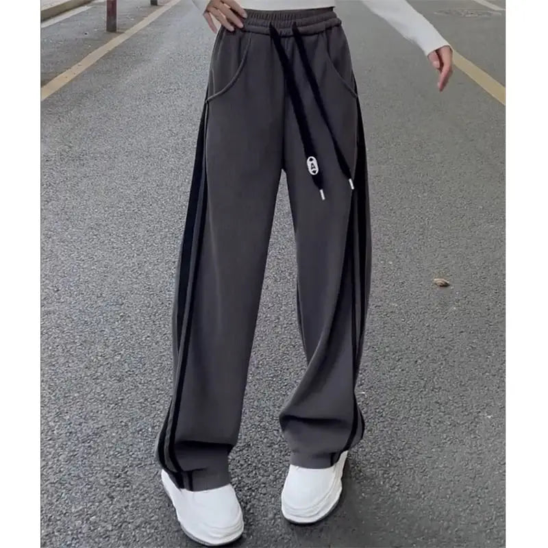 2023 Womens Summer New Solid Color Trousers Casual Drawstring High Waist Side Stripe Printing Patchwork Pockets Wide Leg Pants