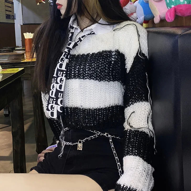 Xingqing Gothic Sweater for Women Punk Style Striped Long Sleeve Top Hollow Out Knitted Clothes y2k 2000s Pullover Streetwear