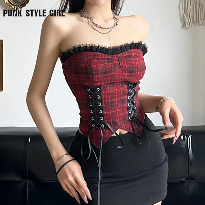 Hip Hop Y2k Hotsweet Red Plaid Vest Women Aesthetic Emo Alternative Grunge Lace Patchwork Bandage Crop Tank Top Goth Rave Outfit