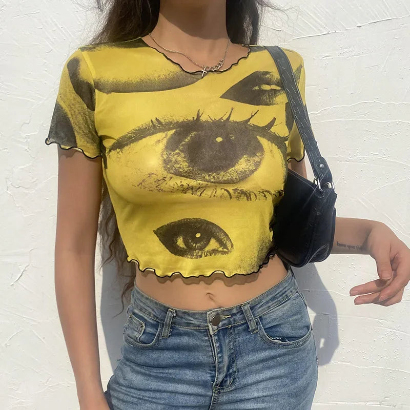 New Graphic T-shirt Women's Mesh Big Eye Print Fungus Edge Fashion Casual Harajuku Short Cropped Navel Y2K Top T-shirt