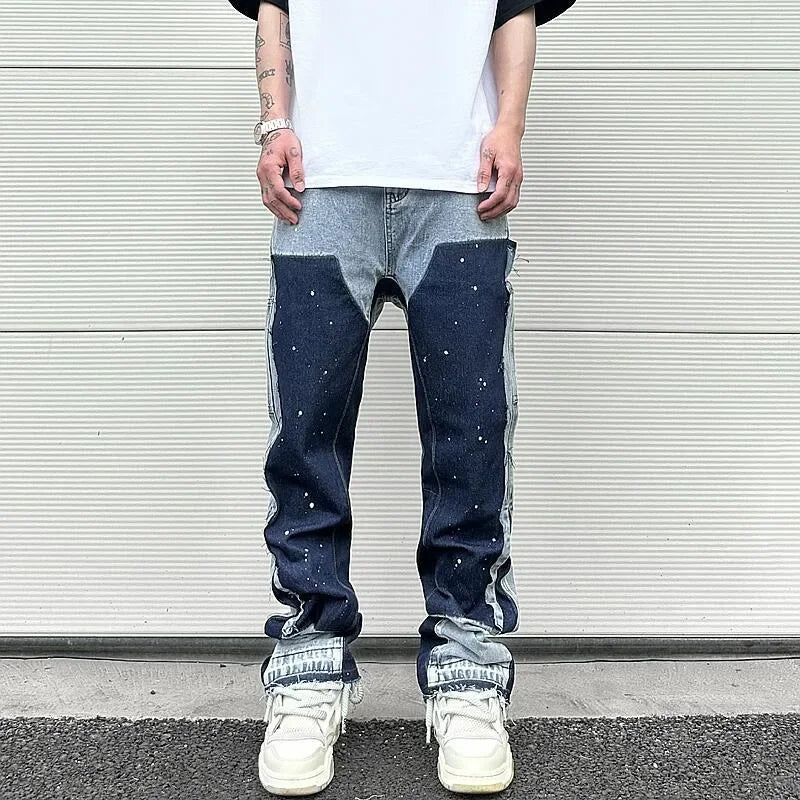 European and American street splicing splash-ink jeans for men and women high street fashion micro-flared pants for couples