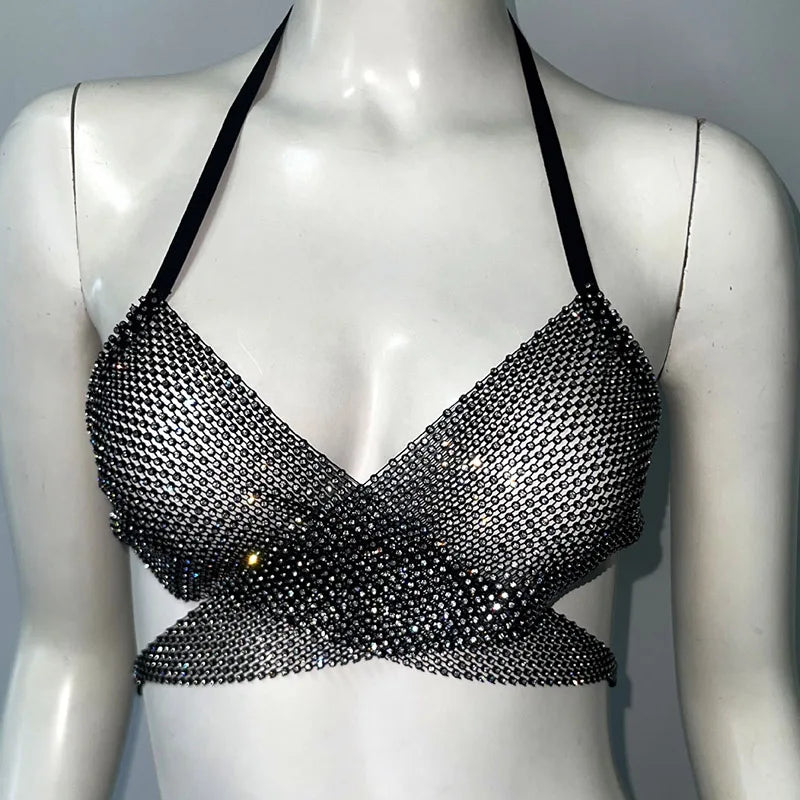 New Arrivals Women's Tie Back Halter Crop Top Ins Sexy Sparkly Rhinestone Mesh Criss Cross Party Top