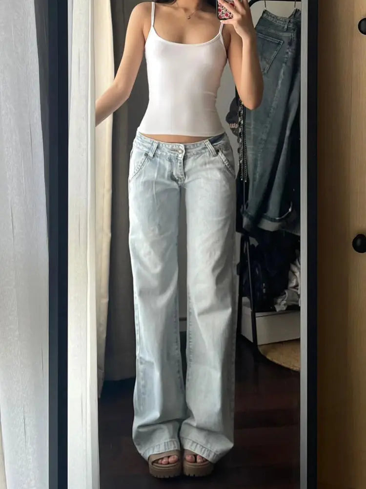 Internet Celebrity's Retro Washed Denim Pants for Women's Summer 2025 New High Waisted Draped Straight Leg Long Wide Leg Pants