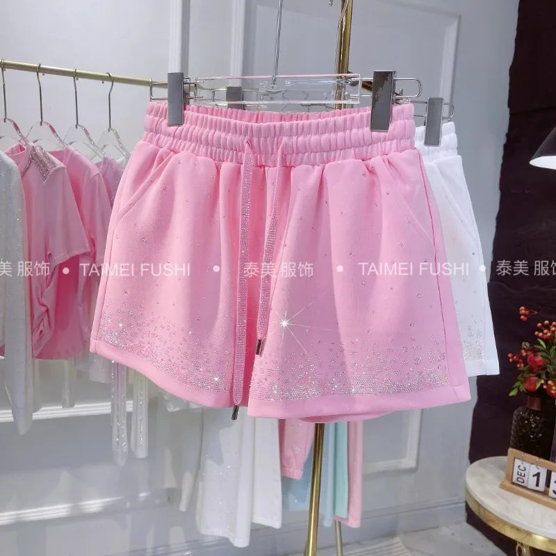 2024 Summer Design Heavy Embroidery Diamond Drills Shiny Wide Leg Slimming Shorts All-Matching High Quality Casual Short Pants