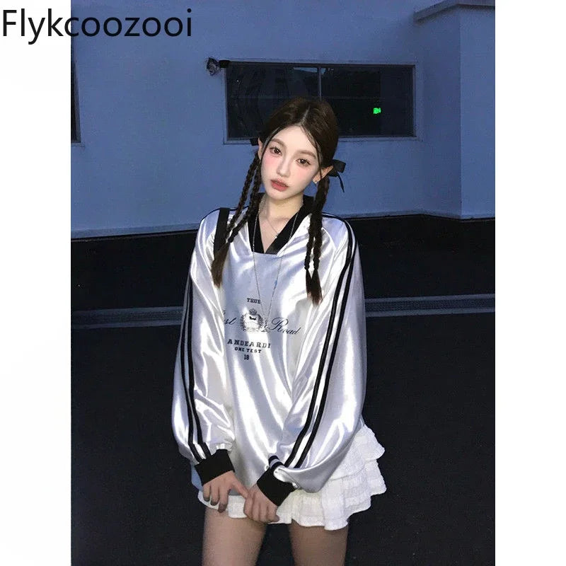 American Retro V-neck Long-sleeved T-shirt Satin Sports Jersey Short-sleeved Men's 2024 New Tops Women's Trendy Women Clothes