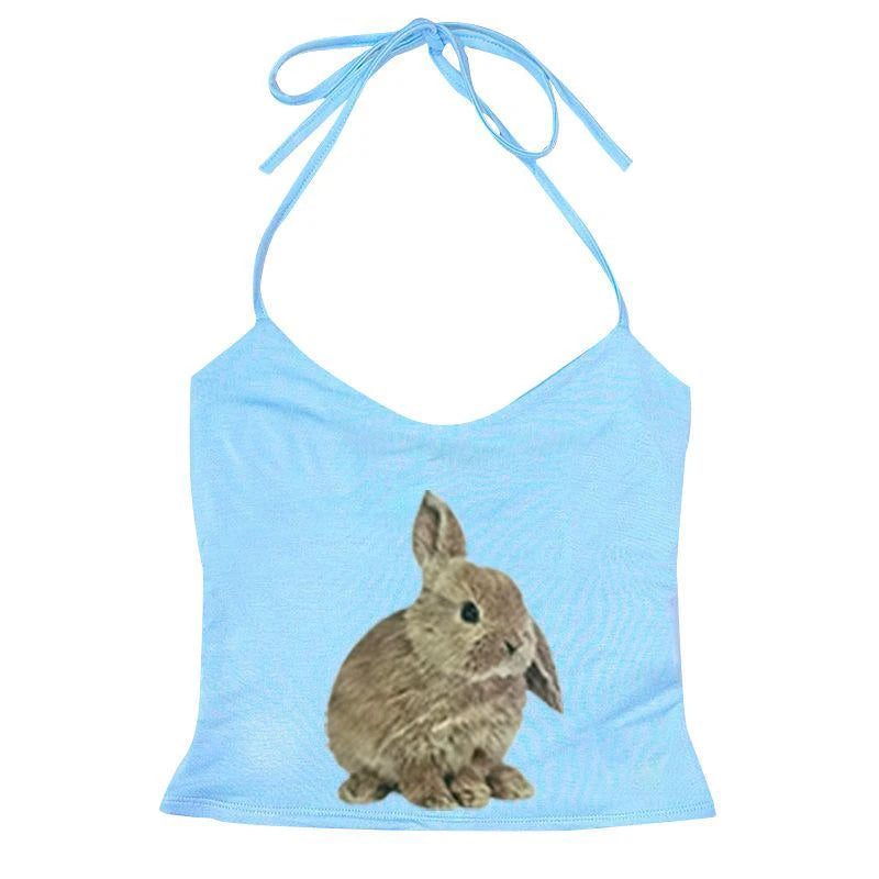 Cute sweet aesthetic Y2K women's sleeveless camisole streetwear casual punk rabbit pattern print vintage Harajuku summer shorts