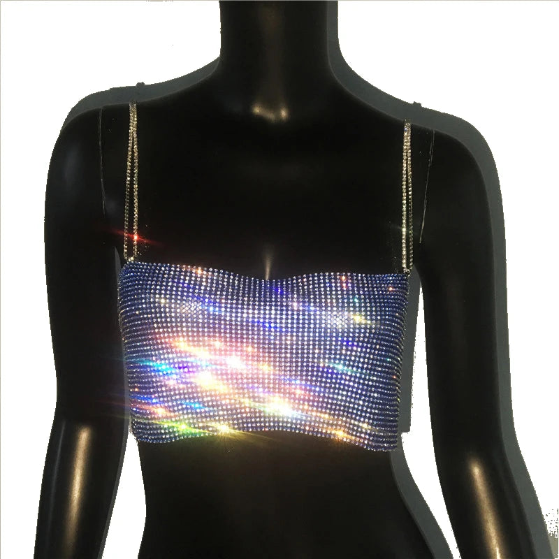 2022 Sequin Shiny Crystal Chain Tank Top Glitter Metal Mesh Halter Metallic Strap Crop Tops Festival  Party Sexy Women Outfits