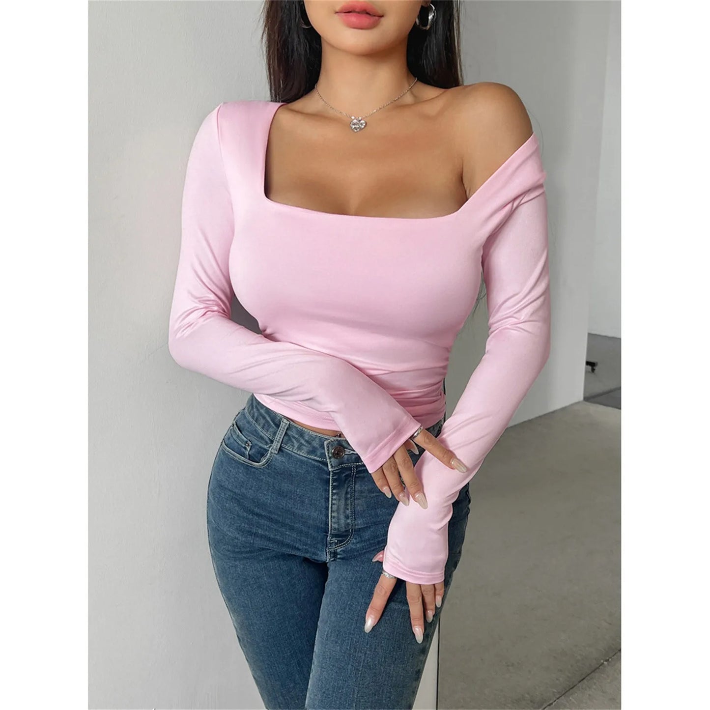 Women'S New Slim Fit T-Shirt Classic Simple Solid Sexy Square Neck Long Sleeve Pullover Tops Daily Basic Regular T-Shirts