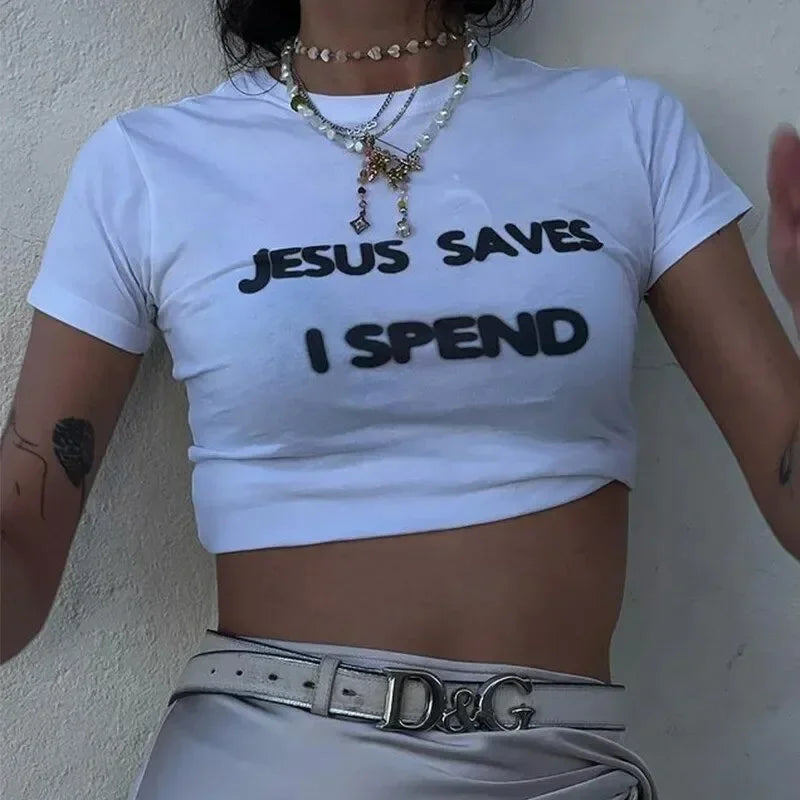 Jesus Saves I Spend 2000s Grunge Baby Tee Harajuku Y2k Goth Clothes College Fashion Woman T Shirt  Baby Tee Popular Crop Top