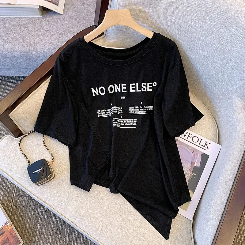 Plus Size New Summer Large Size Fashionable Versatile Slimming Asymmetric Letter Print Short Sleeves T-Shirt Plus Size Casual...