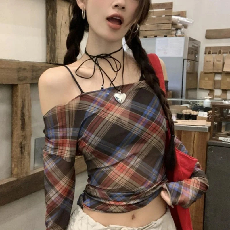 Xingqing y2k Tops Women Grunge Fairycore Clothing Plaid Print Off Shoulder Long Sleeve Mesh T Shirts 2000s Clothes Streetwear