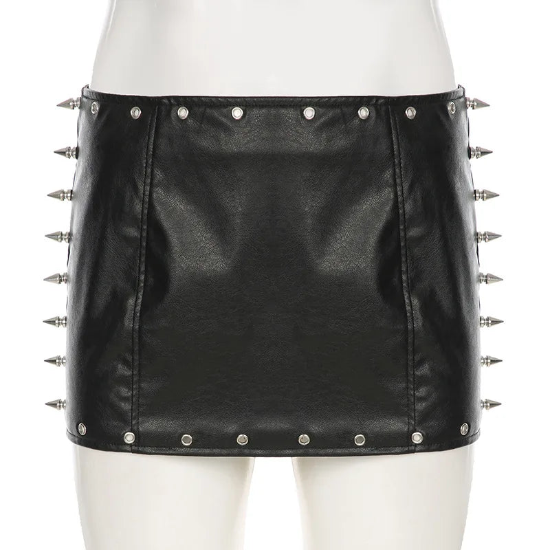 OMSJ Gothic Solid Pu Leather Hole Decor Mini Skirt Hot Sexy Girl's Black Metal Rivet Y2k Mid-night Club Skinny Short Bottoms