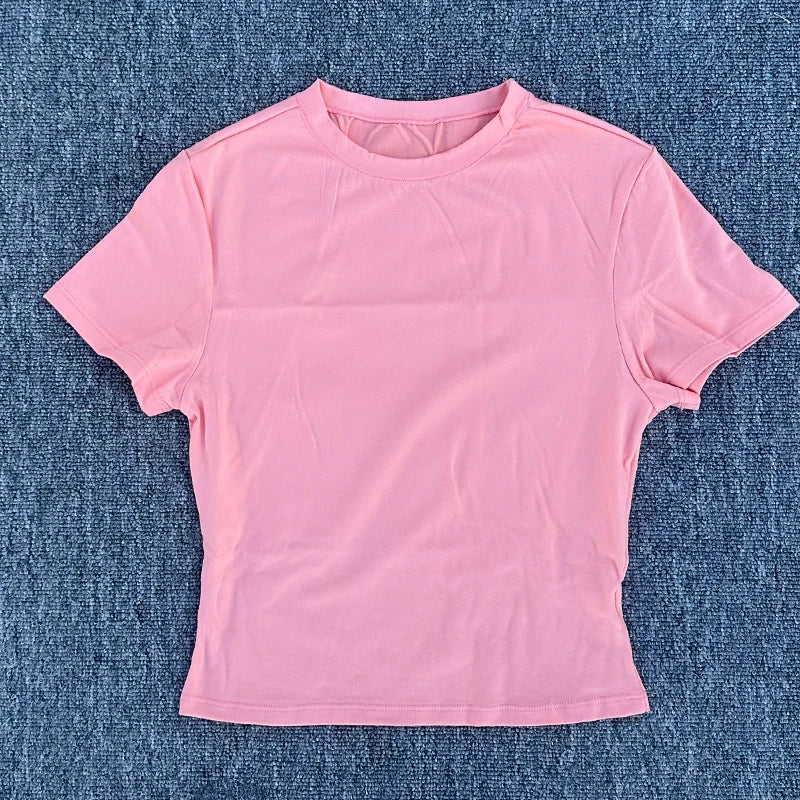 Camiseta esportiva justa feminina, secagem rápida, manga curta, camiseta de ioga, pilates, corrida, exercícios, fitness, manga curta