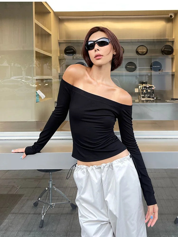 Slim Slash Neck T-shirt Long Sleeve Women Skinny Off Shoulder Tops Autumn Winter Streetwear Sexy Crop Top Female