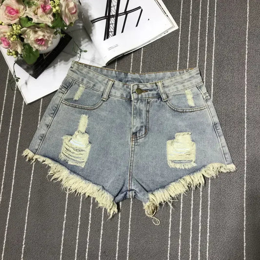 New Shorts Female Casual High-waisted Denim Shorts Female Summer Pocket Tassel Ripped Ripped Jeans Female Short Style Soft