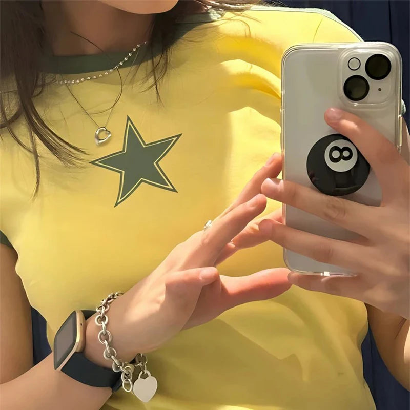 Summer E-girl Stars Graphic Print Y2k Aesthetic T-shirt Goth Harajuku Vintage O-neck Short Sleeve Yellow Crop Top Streetwear