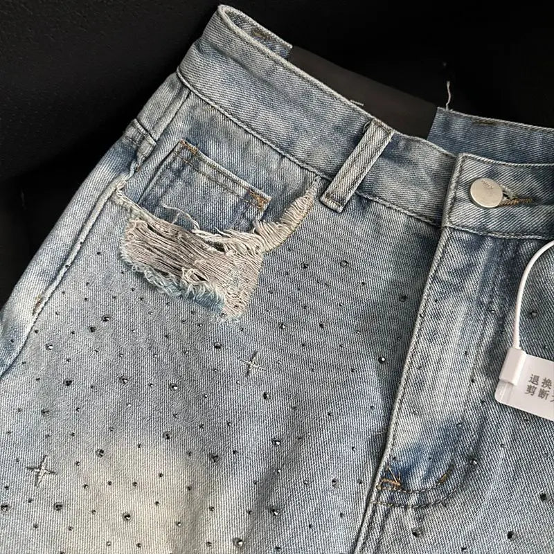 Vintage Denim Starry Skirts Women Mini Rhinestone Denim A-line Korean Style Hot Spicy Girls Summer Streetwear Stylish 4XL Chic