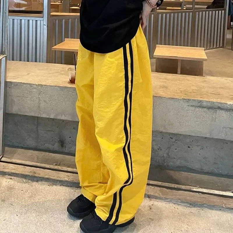 Y2K Vintage White Sweatpants Women Streetwear Hip Hop Quick Dry Yellow Joggers Oversize American Retro Striped Track Pants