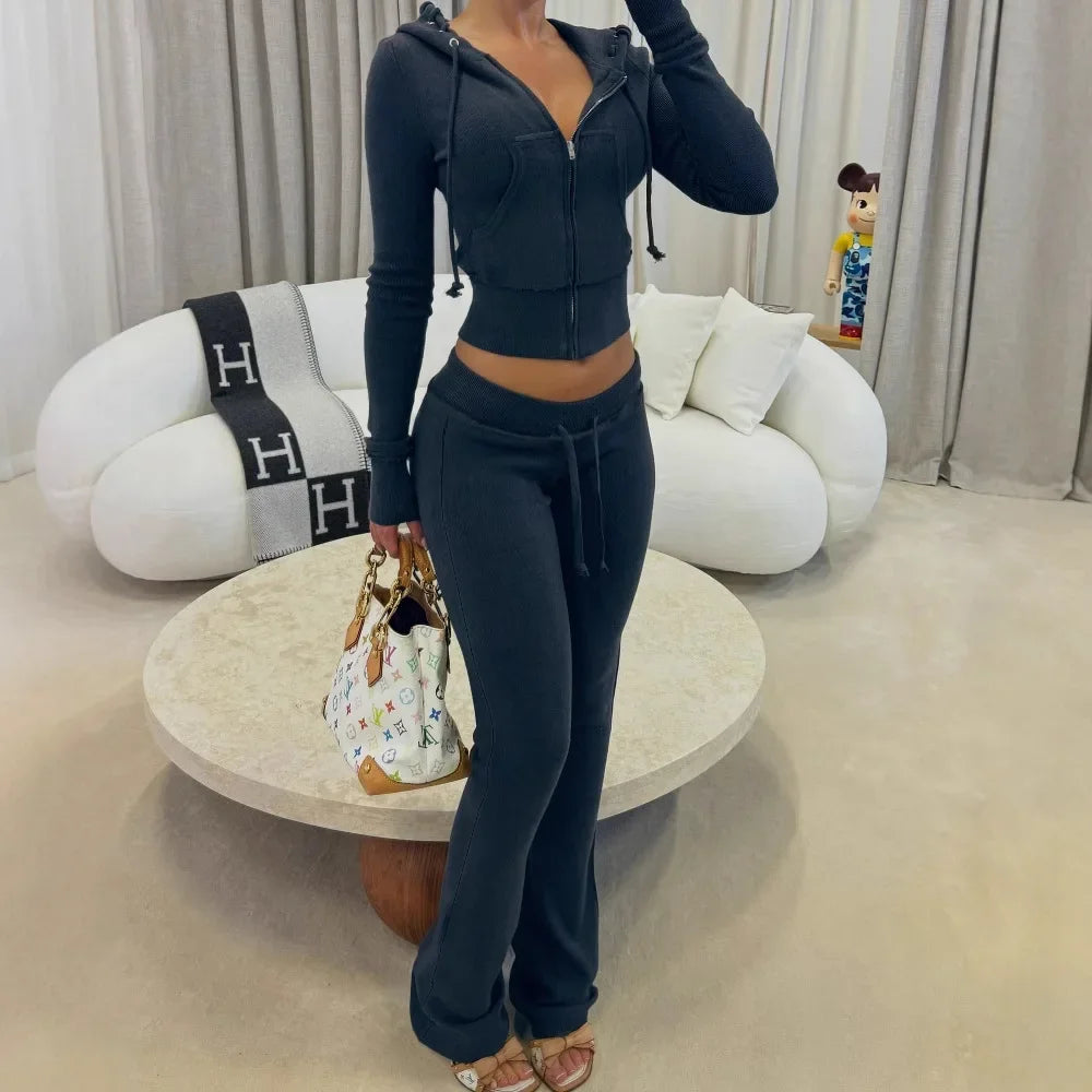 Leosoxs Patchwork 2 Piece Set Tracksuit Women Zip Wide Waist Crop Hooded Pocket Jacket + Sporty Pants Matching Casual Basic Suit