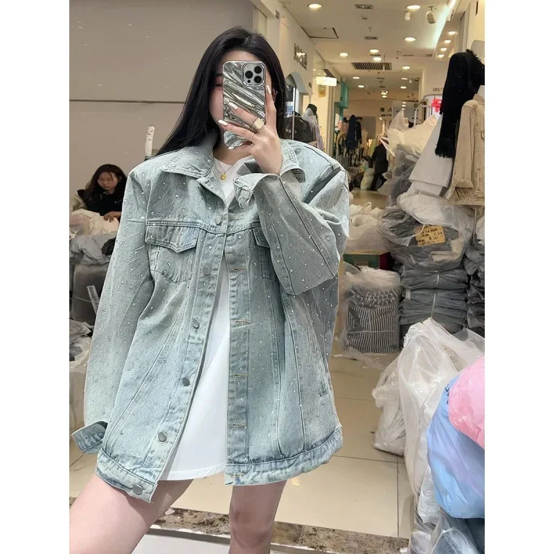 2024 Spring New Denim Jacket Women's Loose-Fit Versatile Casual Age-Reducing Diamond-Embellished Jacket Top